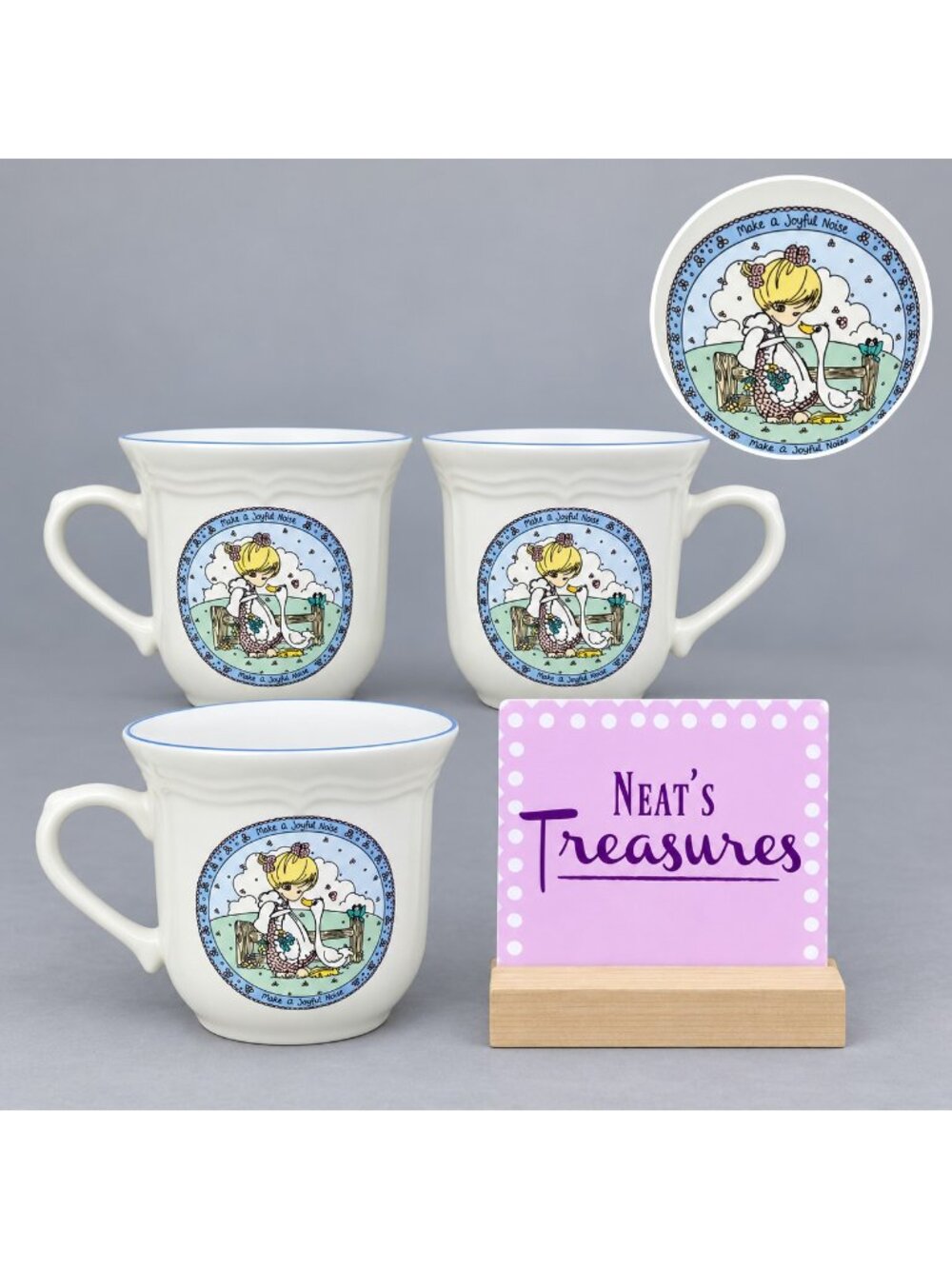 1992 Precious Moments MAKE A JOYFUL NOISE Girl Duck Ceramic 8oz Cups Mugs Set 3
